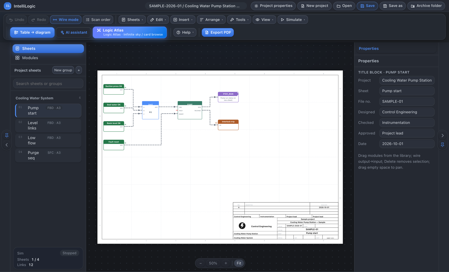 The title block panel with labelled fields for project, sheet title, file number, designer, checker, approver and date, next to the drawing sheet.
